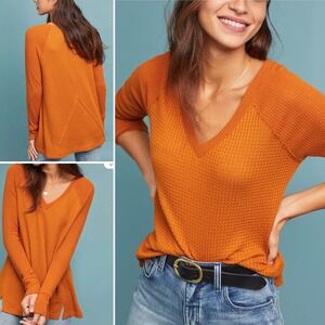Maeve by Anthropologie Pearson Waffle Top V Neck Long Sleeve Top Rust Size Small
